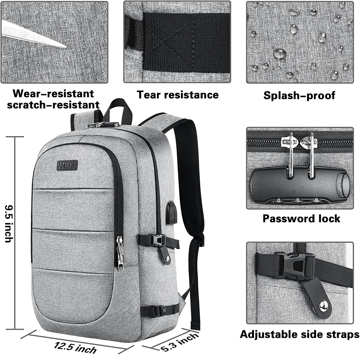 AMBOR Travel Laptop Backpack,17.3 inch Anti Theft Business Laptop Backpack with USB Charging Port and Headphone Interface, College School Backpack for Men & Women,Black - Image 5